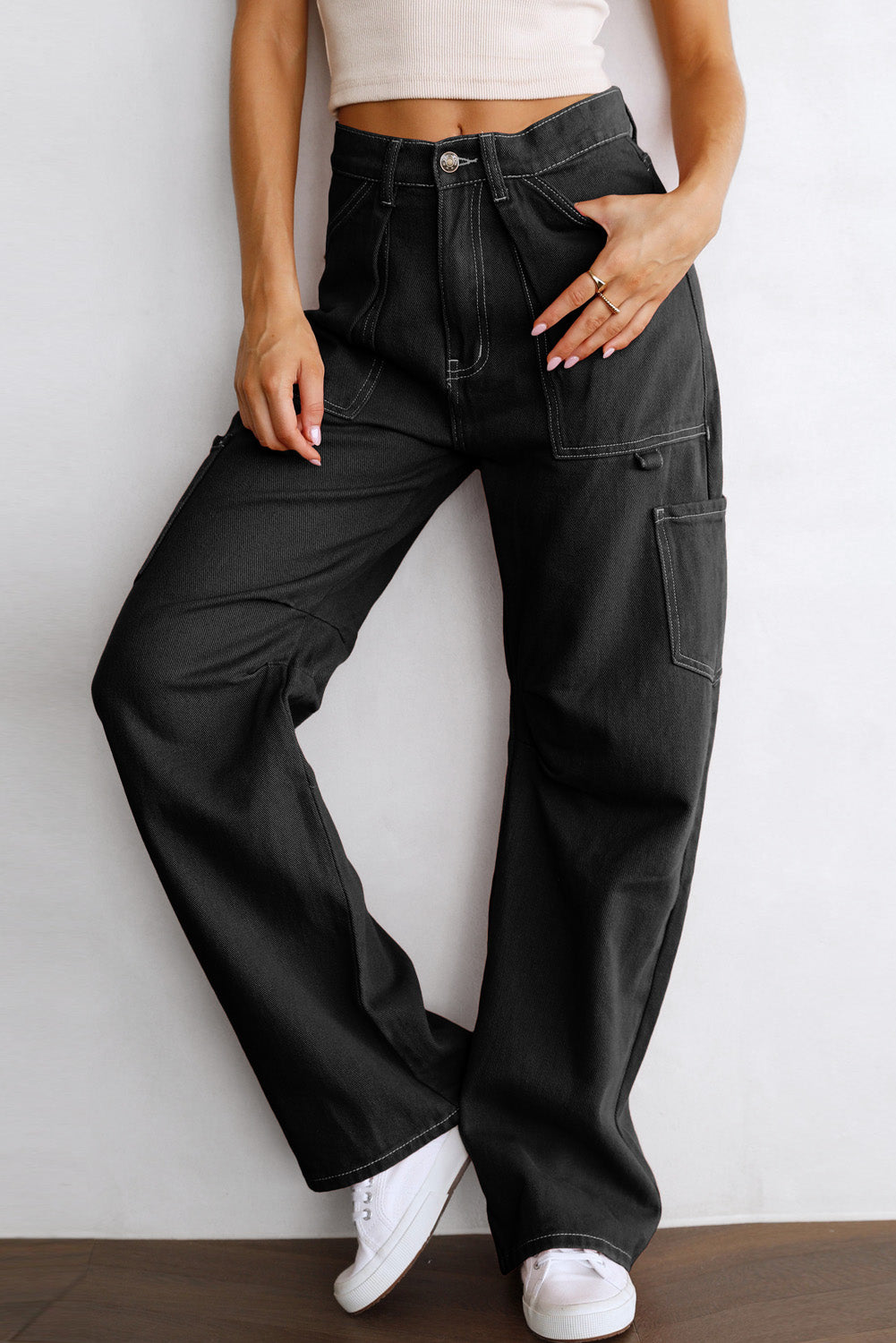 High Waist Straight Leg Cargo Pants With Pockets | Black