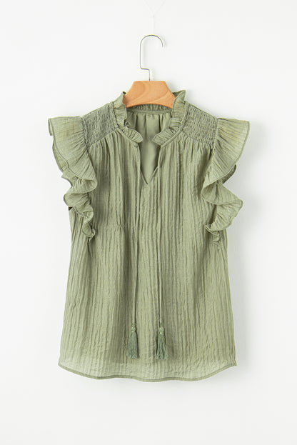 V Neck Flutter Sleeve Textured Blouse | Meadow Mist Green