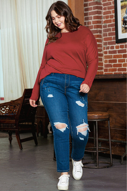 Piping Detail Plus Size Long Sleeve Top | Red Dahlia