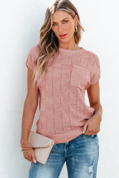 Lattice Textured Knit Short Sleeve Sweater | Dusty Pink