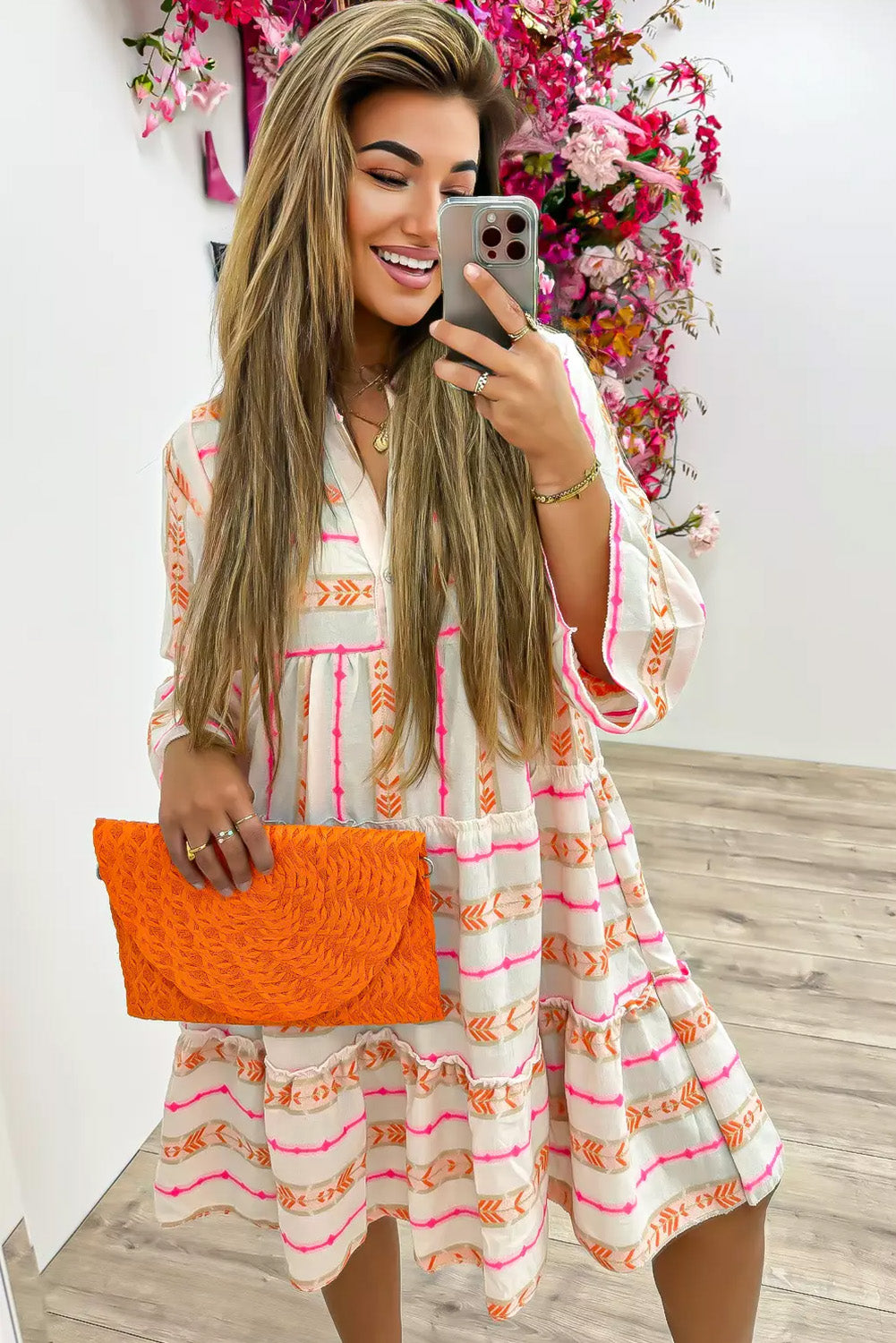 Bohemian Printed Bracelet Sleeve Slit Neck Ruffled Loose Dress | Orange