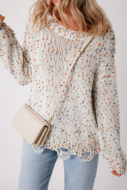 Colourful Confetti Distressed Knit Sweater | White