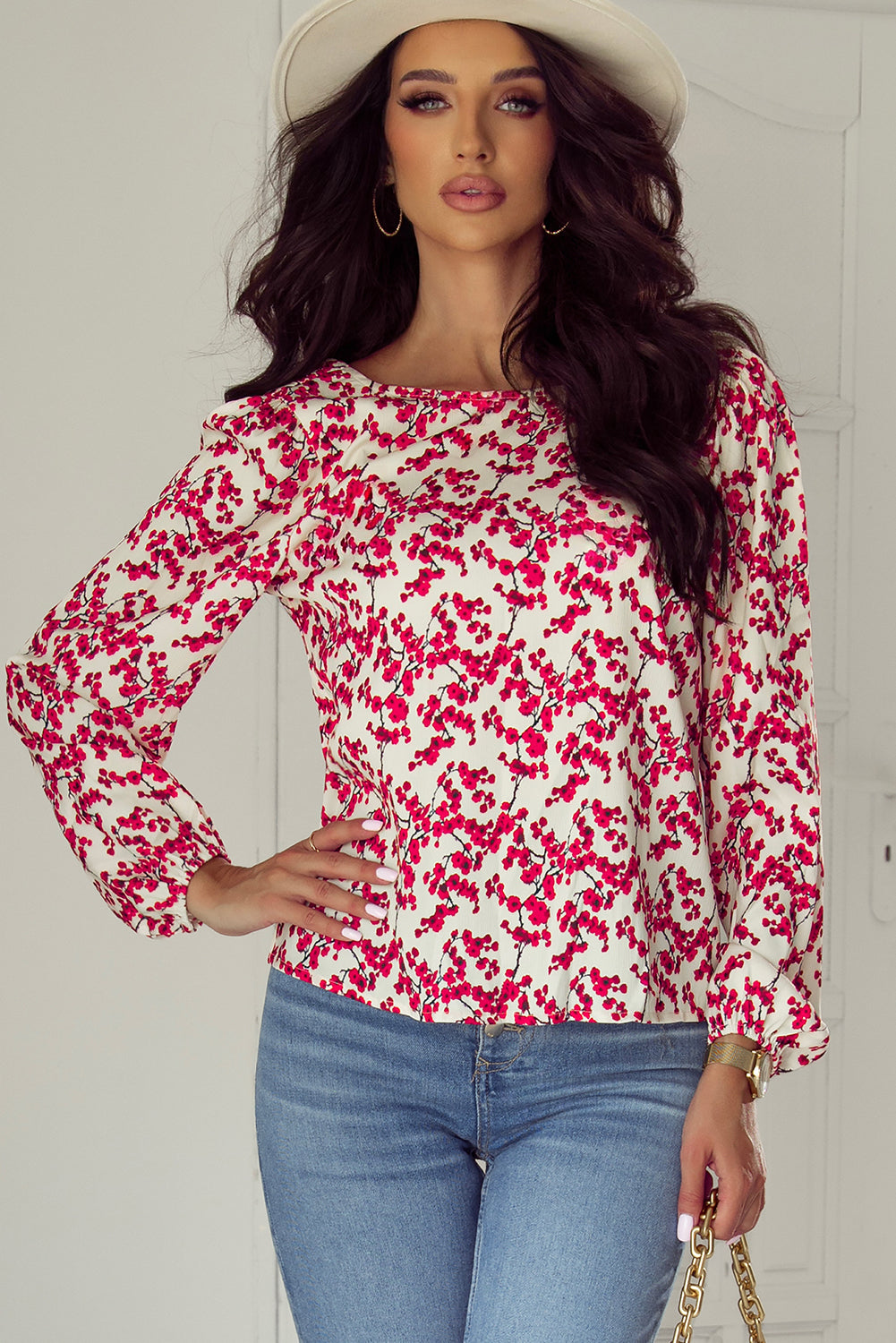 Floral Print Long Sleeve Open Back Blouse | Red