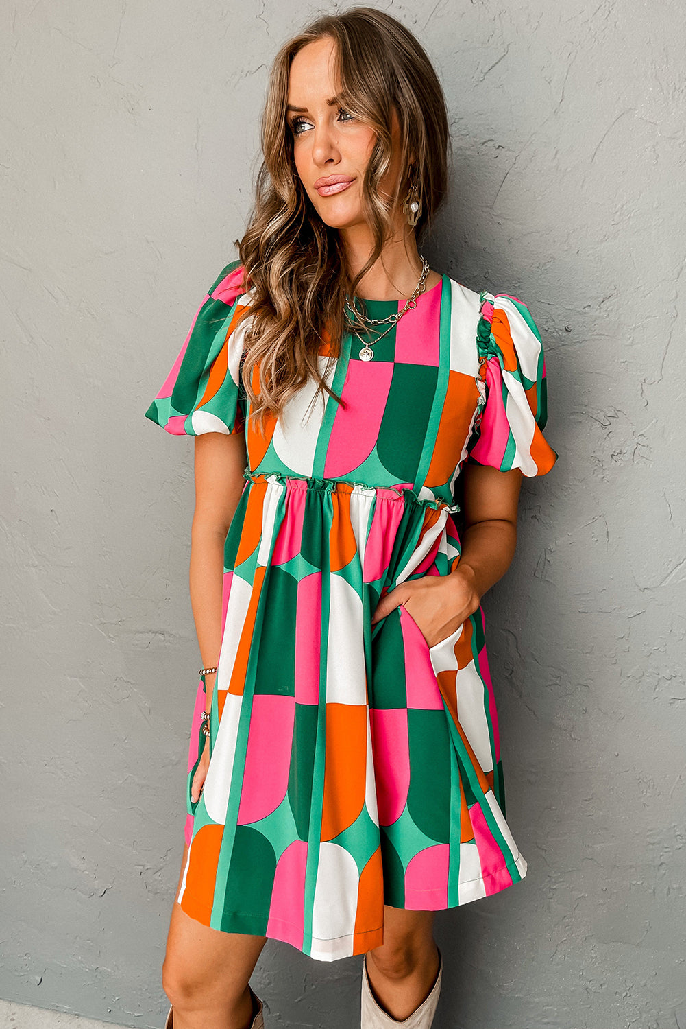 Abstract Print Puff Sleeve Short Dress | Green