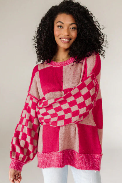 Mixed Checkered Pattern Drop Shoulder Loose Sweater | Rose Red