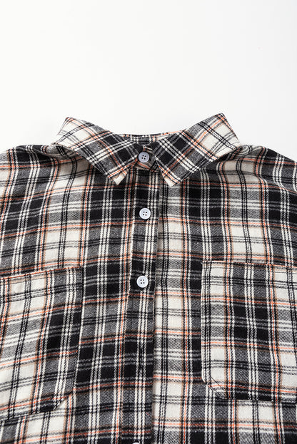 Plaid Print Chest Pockets Oversize Shirt | Black