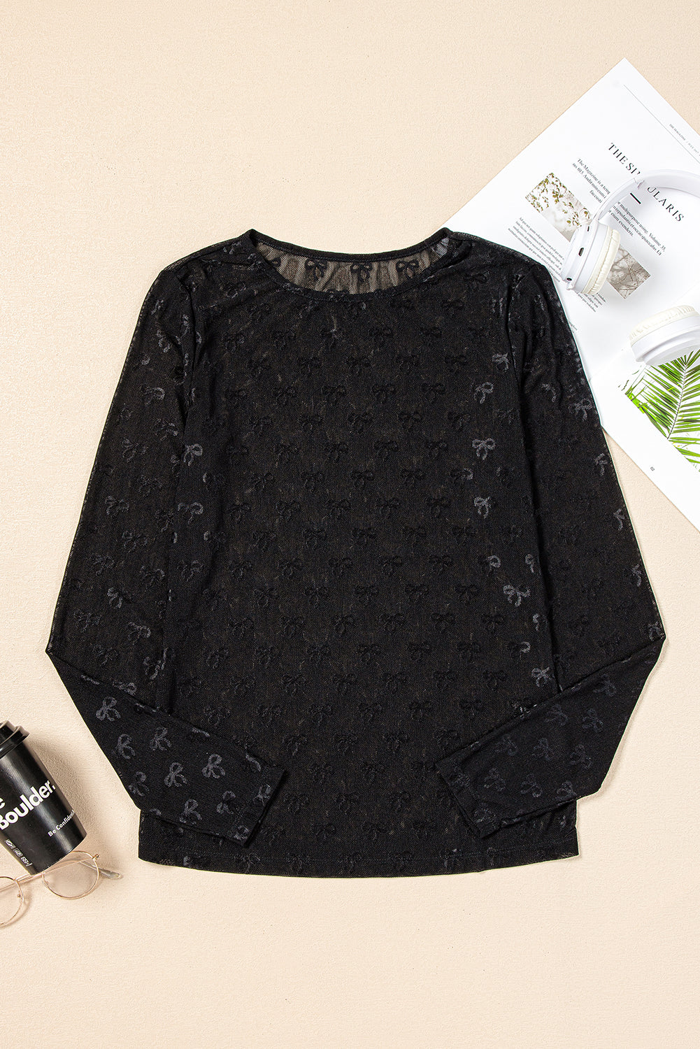 Mesh Bow Pattern Long Sleeve Top | Black