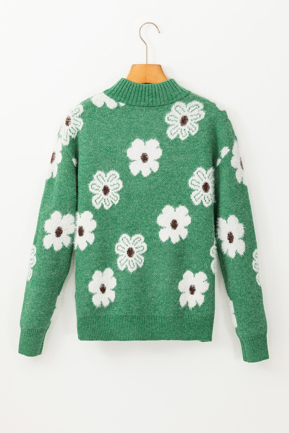 Floral Pattern Half Zip Drop Shoulder Sweater | Green