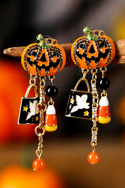 Halloween Rhinestone Pumpkin Ghost Tassel Earrings | Orange