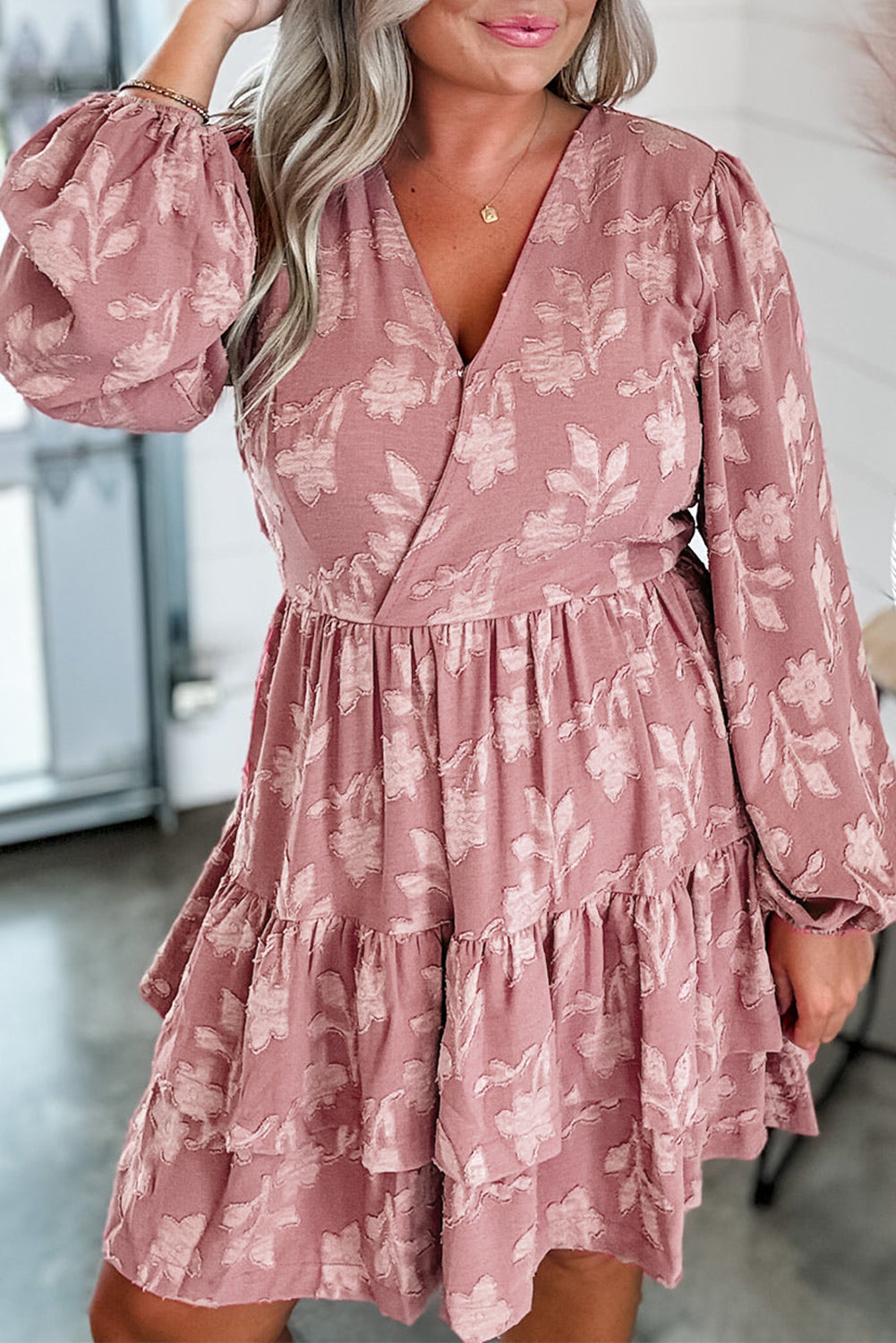 Floral Surplice V Neck Tiered Ruffled Plus Size Dress | Peach Blossom