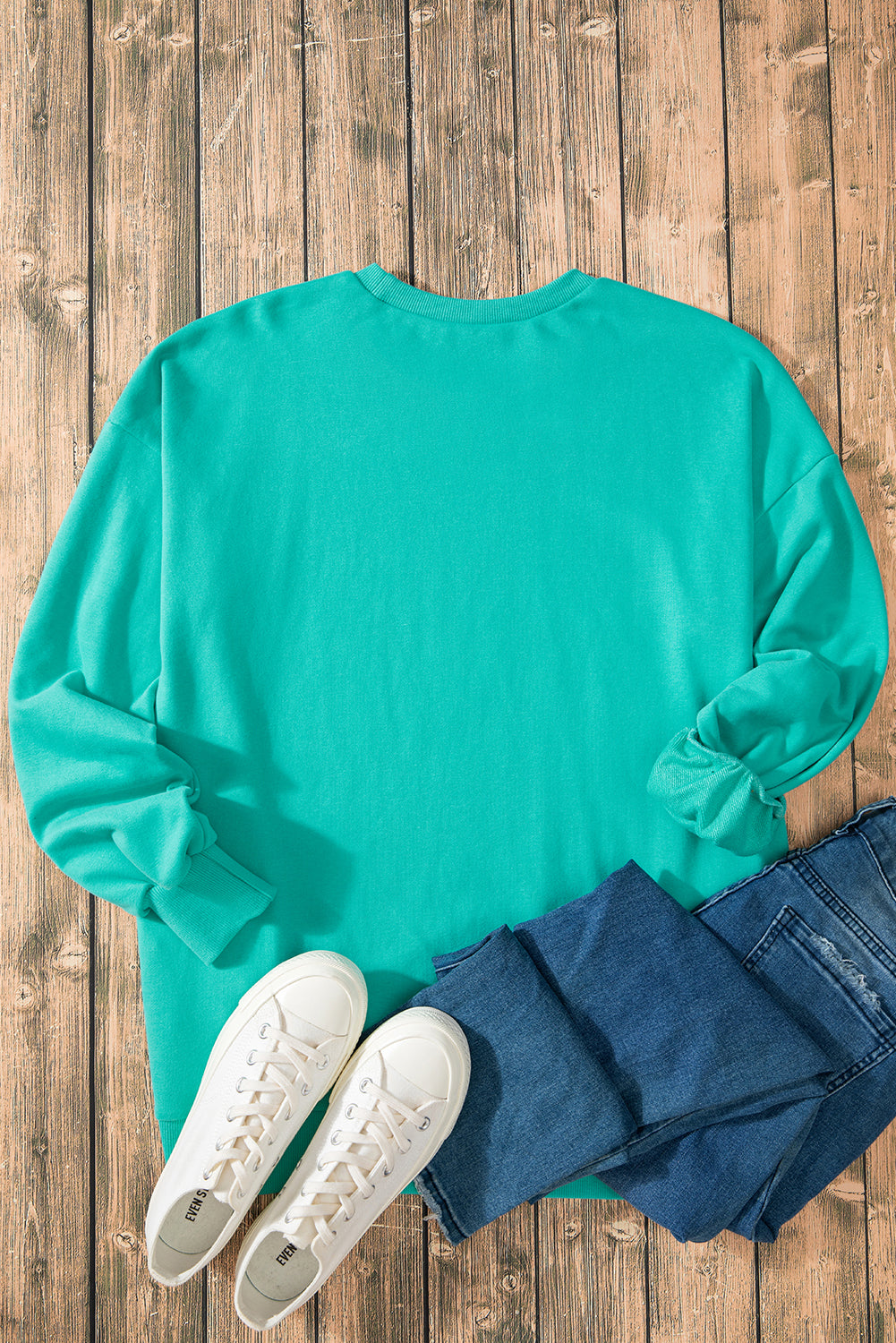 Solid O Neck High Low Hem Pullover Sweatshirt | Aruba Blue