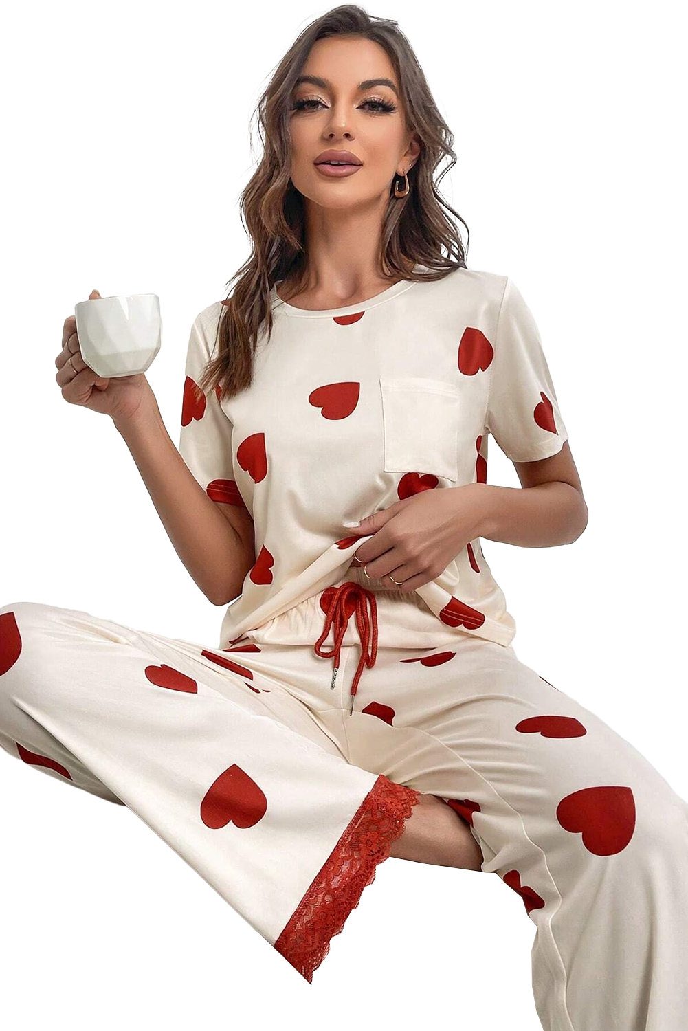 Valentines Heart Print Lace Hem Tee Pants Pajama Set | White