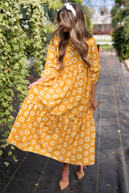 Flower Print Bracelet Sleeve Buttons Collared Maxi Dress | Yellow