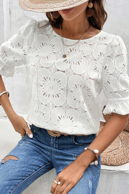 Flower Eyelet Jacquard Keyhole Flounce Sleeve Top | White