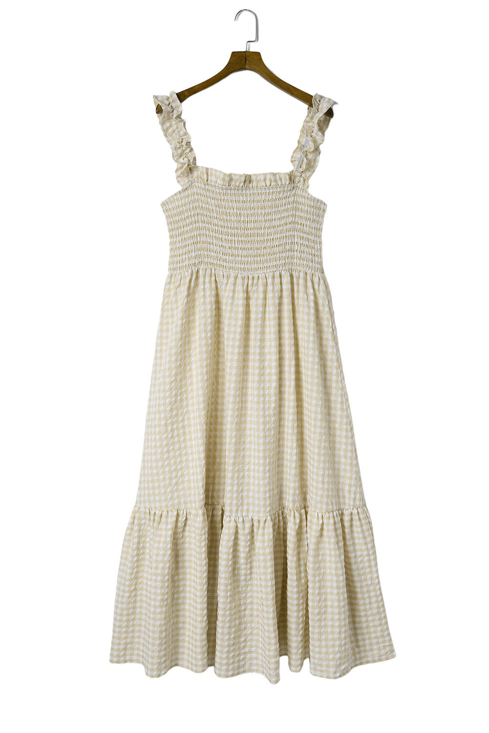 Plaid Ruffled Sleeve Smocked Maxi Dress | Khaki