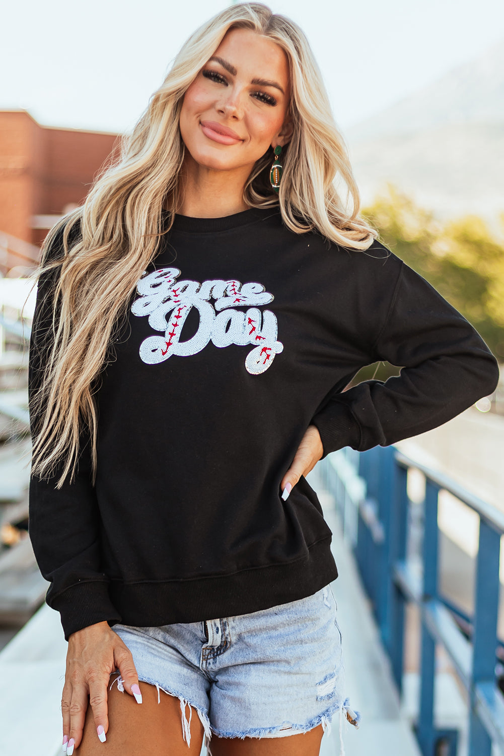 Sequined Game Day Graphic Crew Neck Sweatshirt | Black