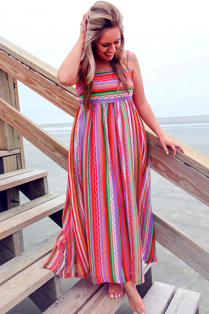 Striped Thin Straps Smocked Back Boho Maxi Dress | Multicolour