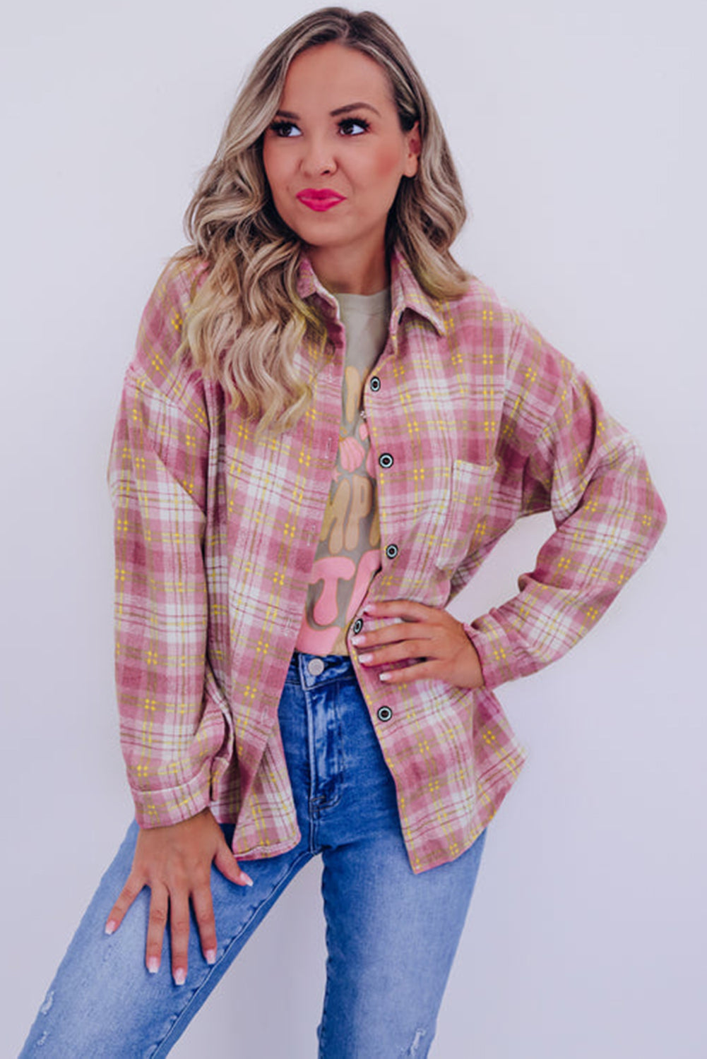 Plaid Print Chest Pocket Long Sleeve Shacket | Pink