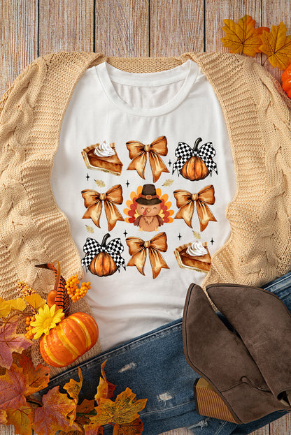 Cute Bowknot Tanksgiving Graphic Crewneck T Shirt | White