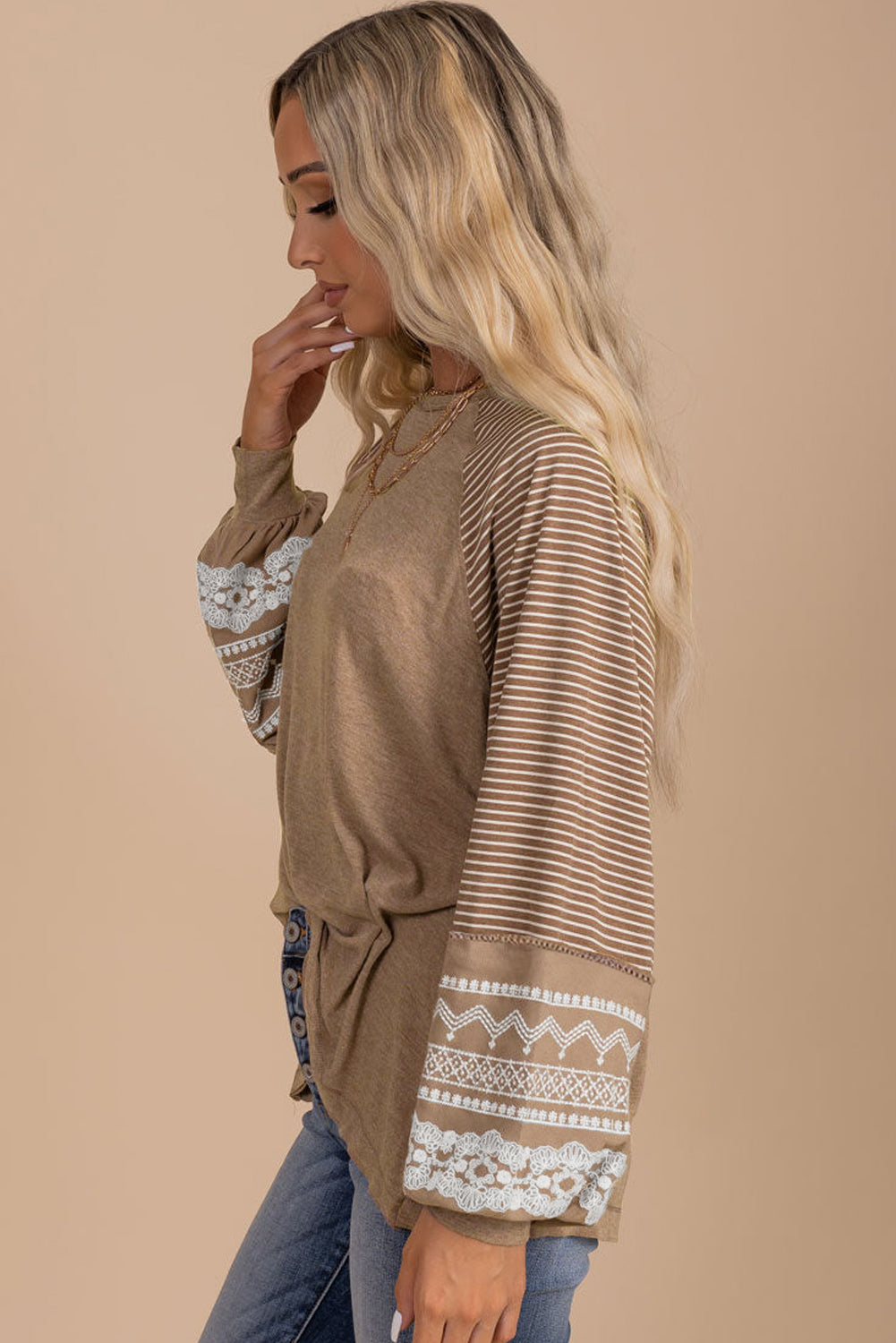 Floral Striped Patchwork Loose Long Sleeve Top | Light French Beige