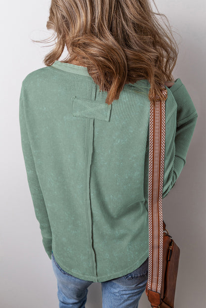 Acid Wash Waffle Knit Buttoned Neckline Long Sleeve Top | Smoke Green