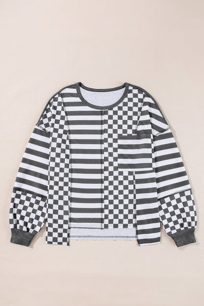 Dark Grey Checkerboard Striped Patchwork Lantern Sleeve Pocketed Blouse | Black