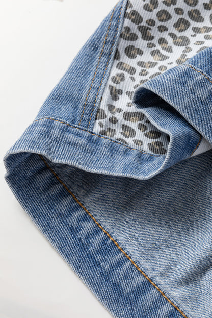 Leopard Patchwork Flap Detail Plus Size Denim Jacket | Beau Blue