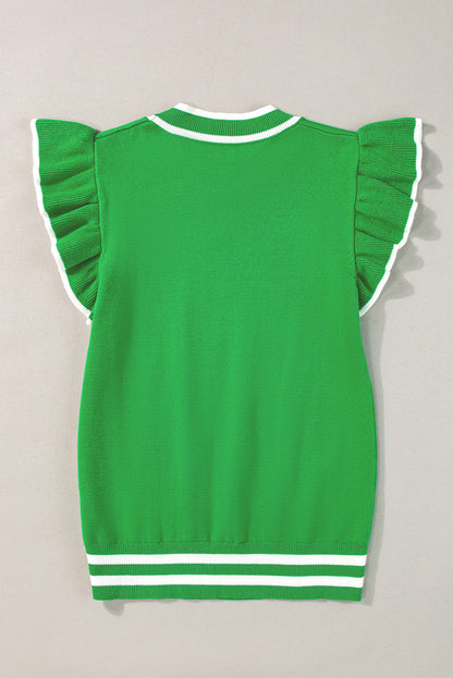 Edge Piping Ruffled Sleeve Round Neck Knit T Shirt | Bright Green