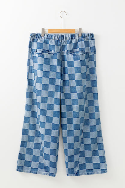 Plus Size Checkered Seamed High Waist Wide Leg Jeans | Dusk Blue