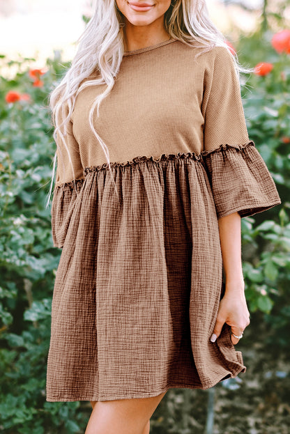 Waffle Crinkle Patchwork Frilled Flare Dress | Khaki