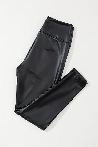 Faux Leather Zipped Detail Leggings | Black