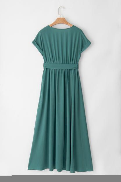 Solid Colour V Neck Wrap Pleated Short Sleeve Maxi Dress | Blackish Green