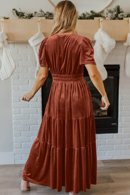 Velvet Short Sleeve Shirred Waist Tiered Maxi Dress | Chestnut