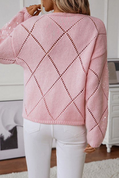 Hollowed Rhombus Pattern Sequin Detail Round Neck Sweater | Light Pink