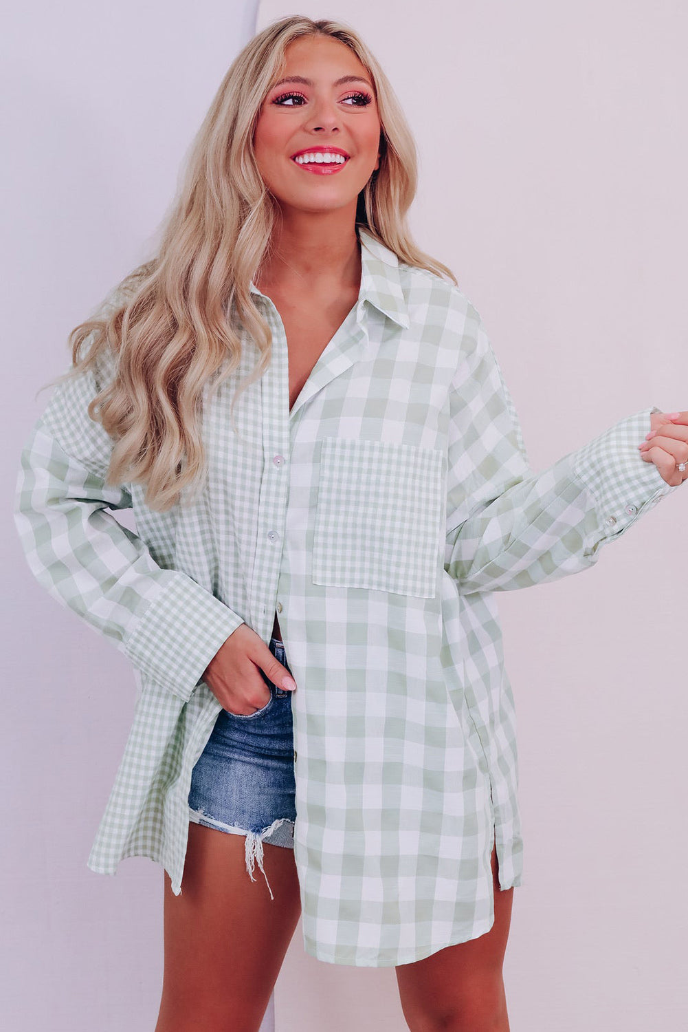 Mix Checked Patchwork Long Sleeve Shirt | Green