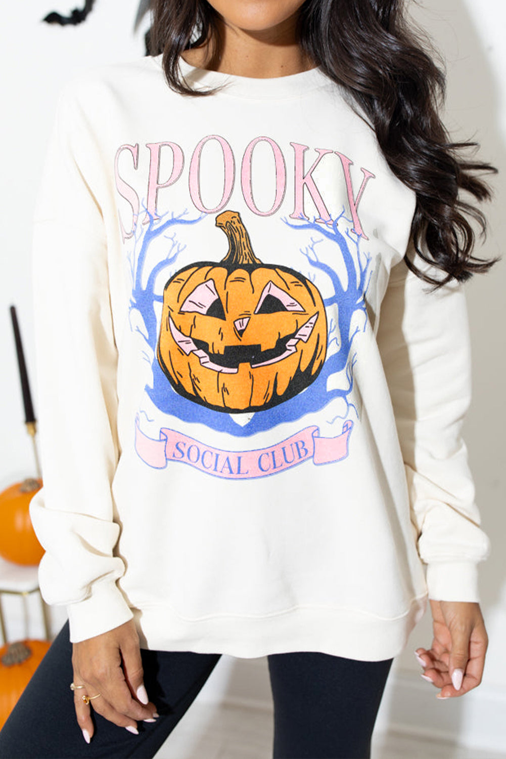 Beige SPOOKY SOCIAL CLUB Halloween Pumpkin Face Graphic Sweatshirt