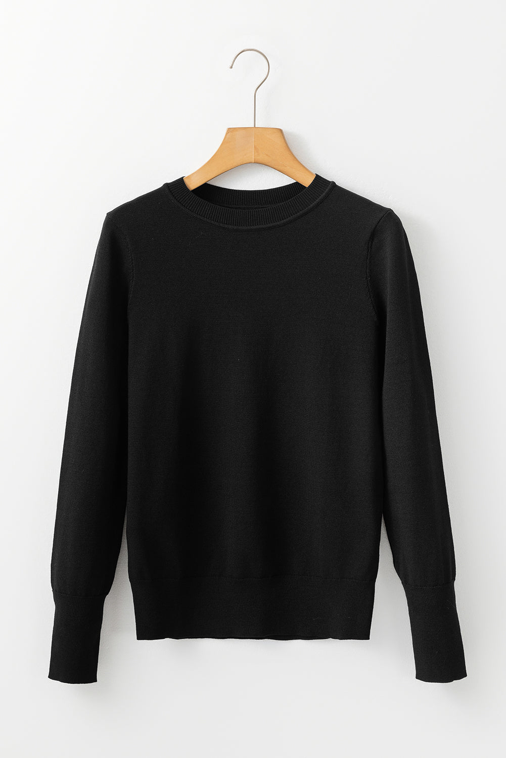 Solid Colour Slim Fit Lightweight Crew Neck Sweater | Black