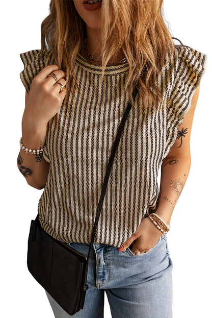 Striped Crew Neck Ruffled Tank Top | Khaki