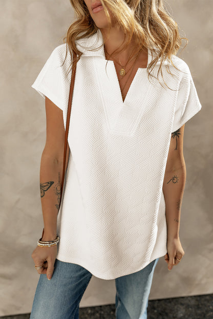 Textured V Neck Collared Short Sleeve Top | White