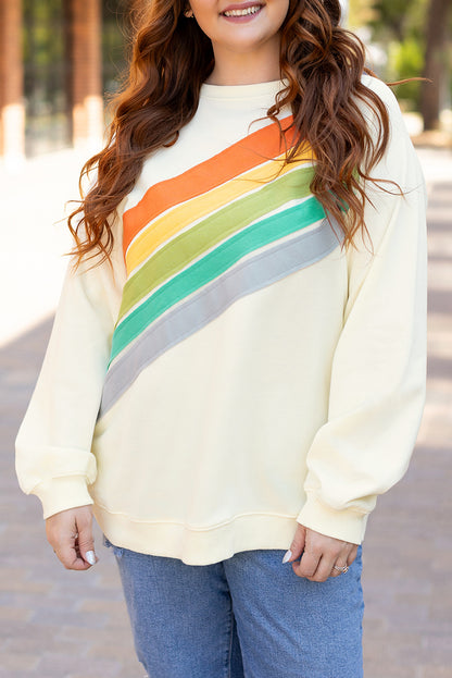 White Rainbow Raglan Sleeve Crew Neck Plus Size Sweatshirt | white