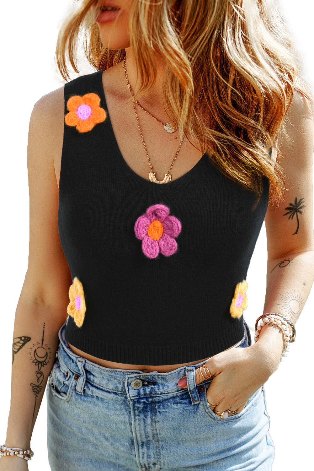 3D Flower Decor Cropped Sweater Vest | Black