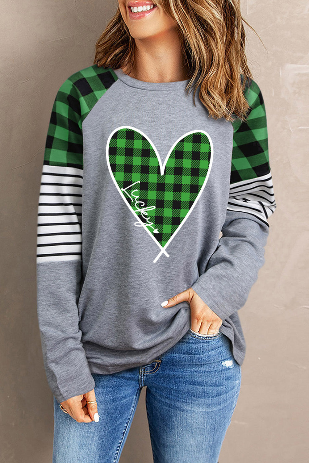 Green Lucky Plaid Heart Striped Color Block Long Sleeve Top