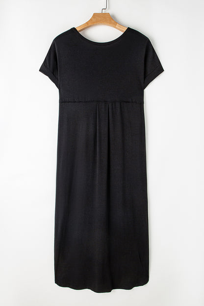 V Neck Hidden Pocket Splits Maxi T-Shirt Dress | Black