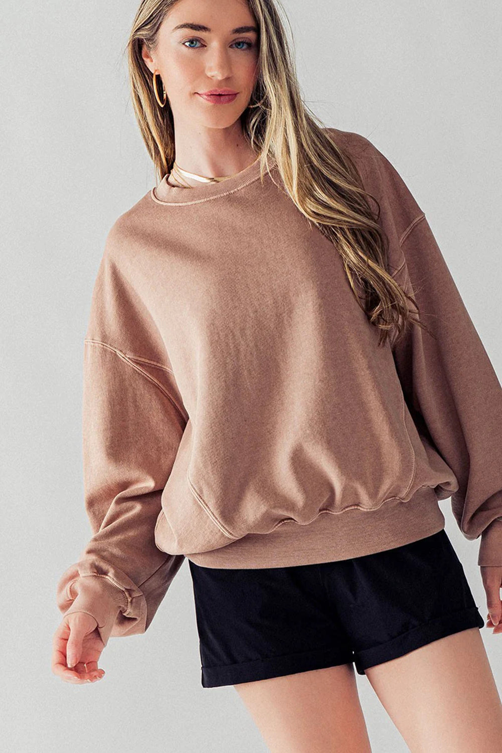 Exposed Seam Batwing Sleeve Drop Shoulder Sweatshirt | Chestnut