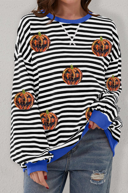 Funny Halloween Pumpkin Face Pattern Oversize Sweatshirt | Black Stripe