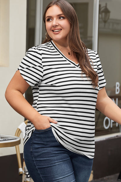 V Neck Petal Sleeve Plus Size T-Shirt | White Stripe