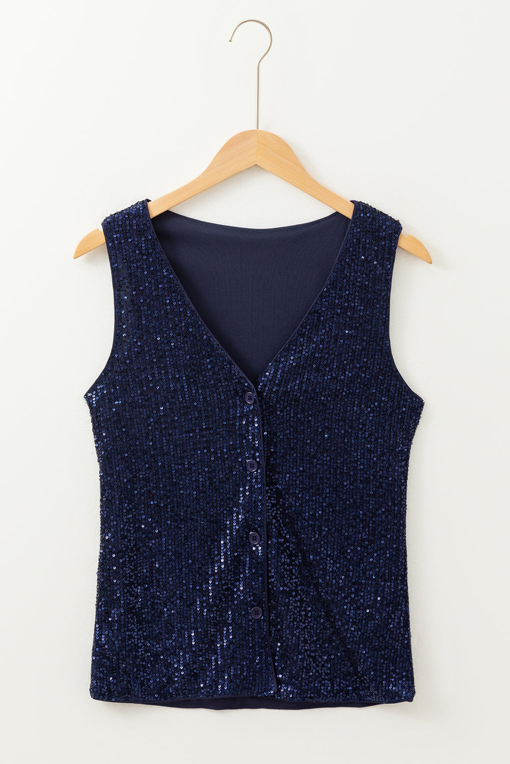 Dirty Blue Sequined Deep V Neck Buttoned Tank Top | Dirty blue