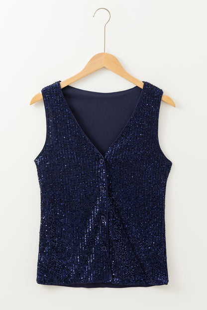 Dirty Blue Sequined Deep V Neck Buttoned Tank Top | Dirty blue