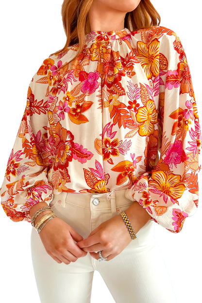 Floral Print Pearl Button Keyhole Long Puff Sleeve Blouse | Orange