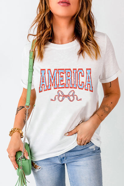 America Bow Knot Print Crew Neck Casual Tee | White